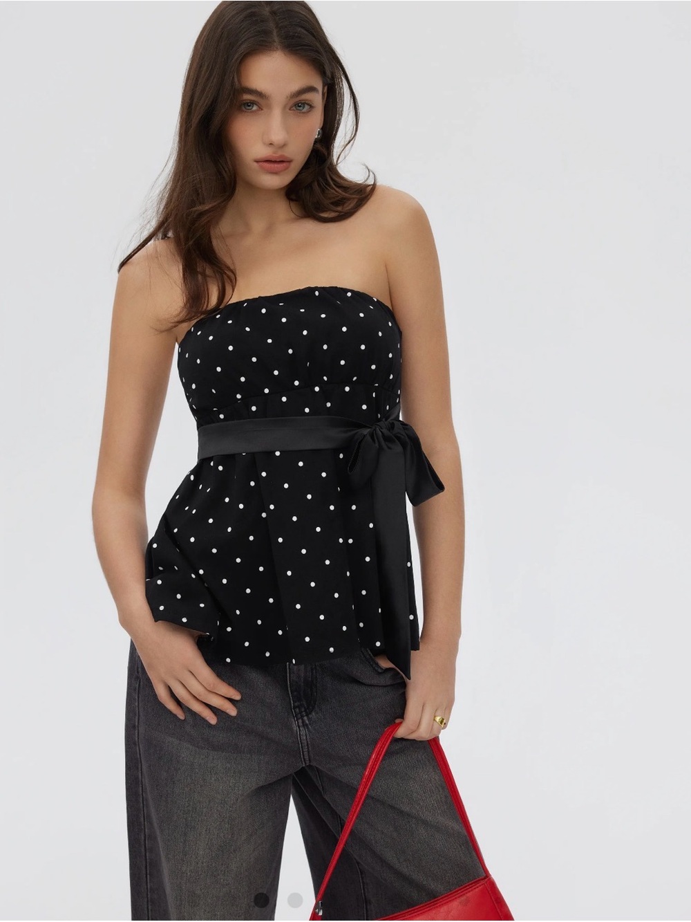 Cider Black and White Polka Dot Tube Top Strapless Peplum Satin Bow Coquette Y2K